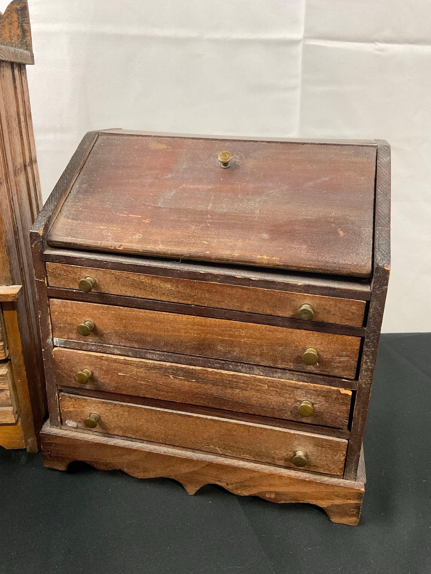 Three Vintage/Antique Dollhouse Furniture Pieces, Kitchen Cabinet, Slant Lid Desk, Lacquer Cabinet