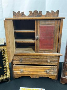 Three Vintage/Antique Dollhouse Furniture Pieces, Kitchen Cabinet, Slant Lid Desk, Lacquer Cabinet