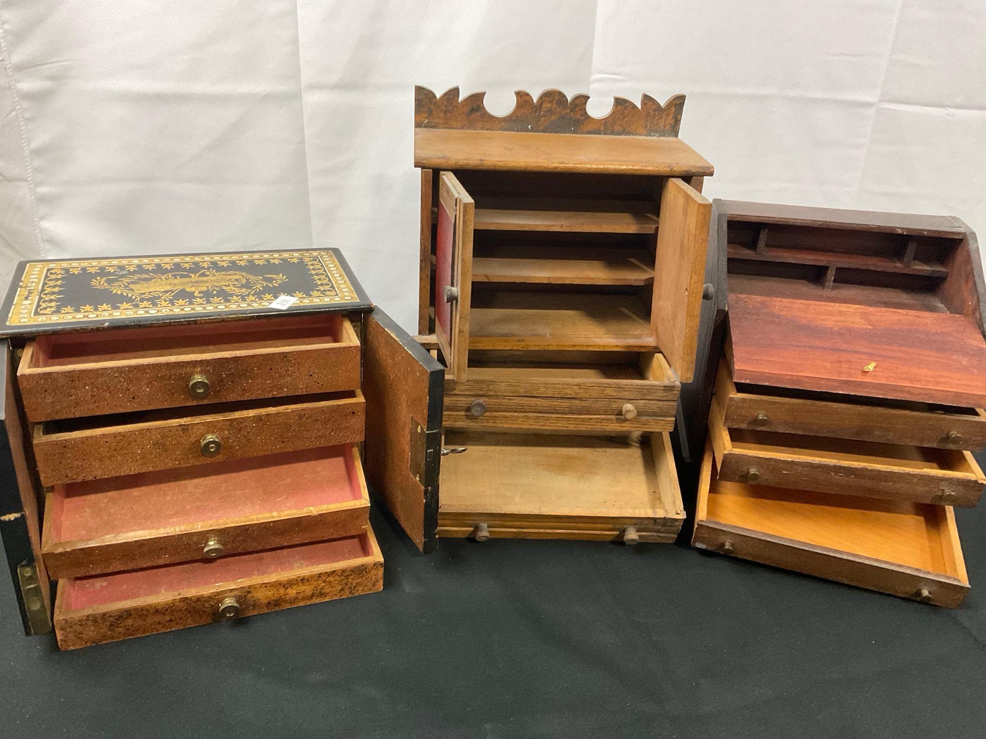 Three Vintage/Antique Dollhouse Furniture Pieces, Kitchen Cabinet, Slant Lid Desk, Lacquer Cabinet