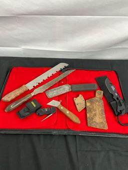 Assorted Collection of Knives Vintage & Modern incl. Klein Tools Bell System, Cabelas Sharpener