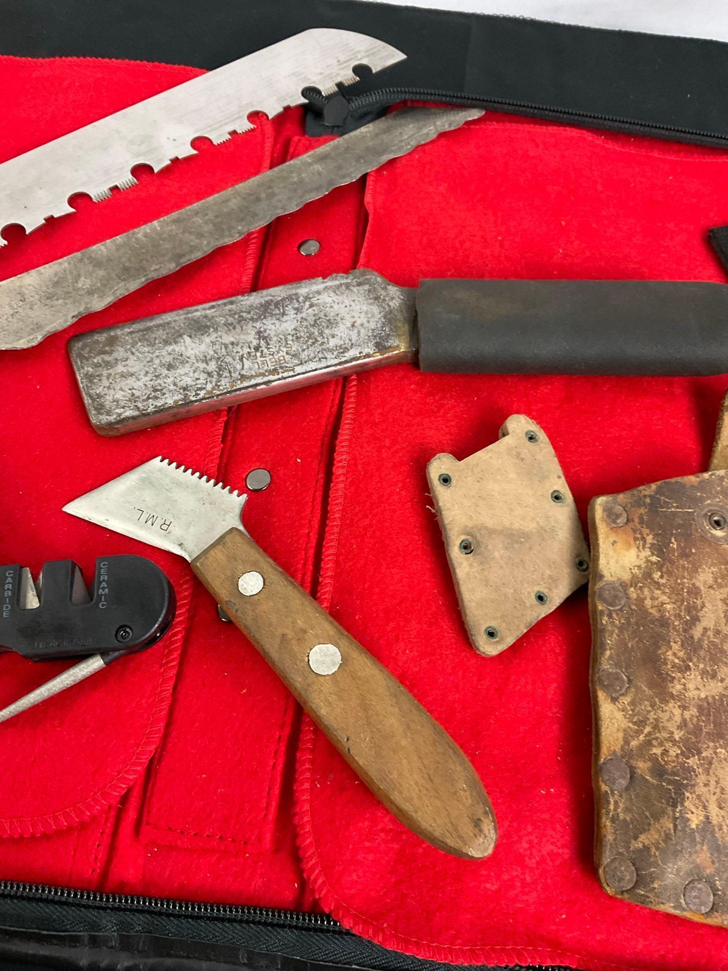 Assorted Collection of Knives Vintage & Modern incl. Klein Tools Bell System, Cabelas Sharpener