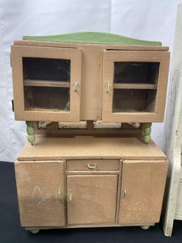 Three Vintage Dollhouse Furniture Pieces, Mirrored Wardrobe, Kitchen Cabinet & Entry Bench