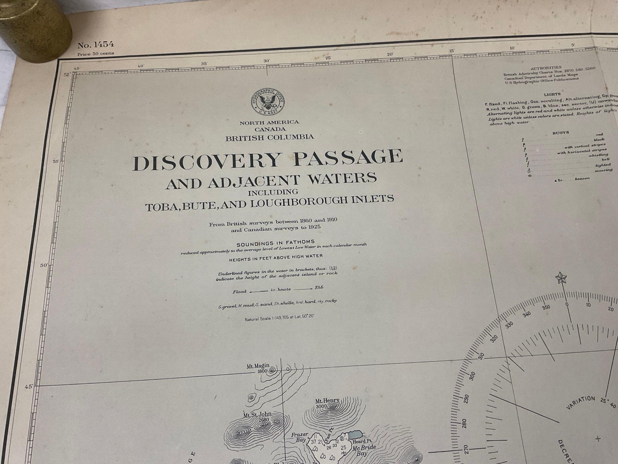 Vintage 1931 US NAVY Discovery Passage and Adjacent Waters Map