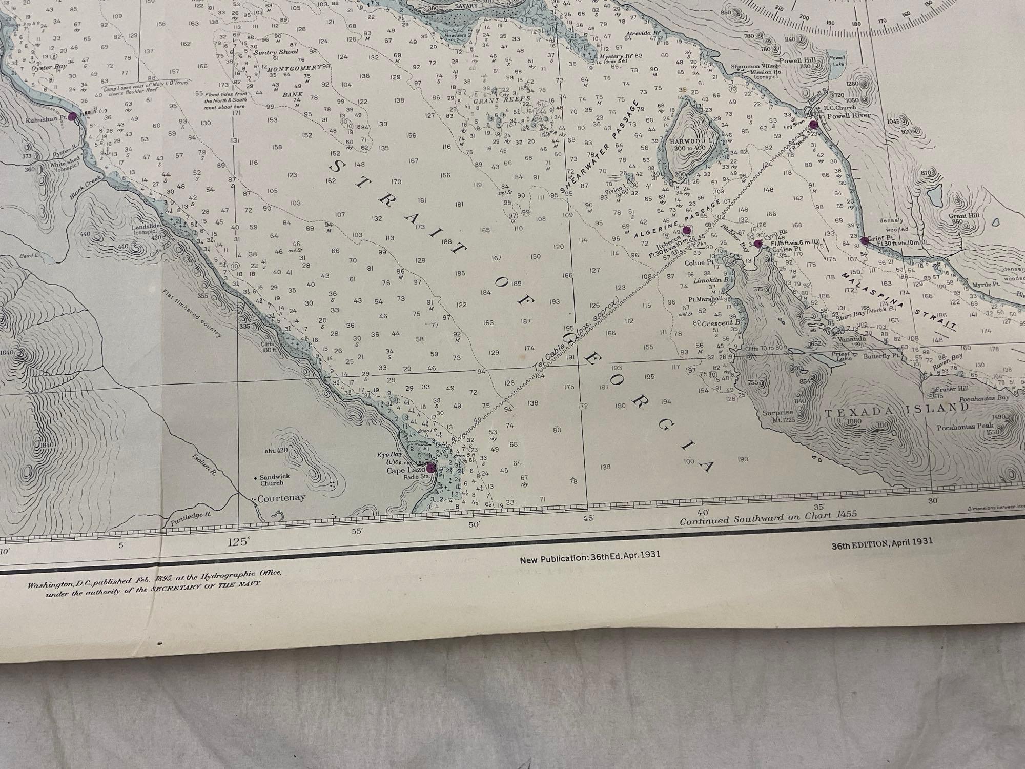 Vintage 1931 US NAVY Discovery Passage and Adjacent Waters Map