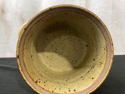 Vintage Handled Stoneware Speckled Vessel, Beige pale yellow in color