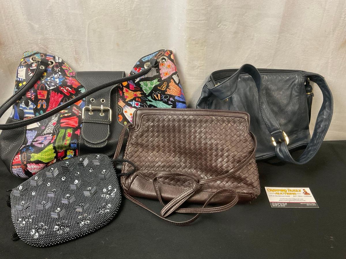 Group of 4 Purses, Pair of Ganson SF Purses, Handbeaded Black Handbag, Leather Sydney Love