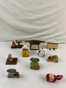 10 pcs Vintage Small Japanese Art Souvenirs. Persimmon Seller. Mountaineering Club. See pics.