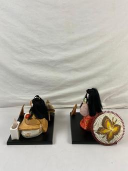 2 pcs Vintage Handmade Japanese Cloth Dolls w/ Stands & Miniature Accessories. See pics.