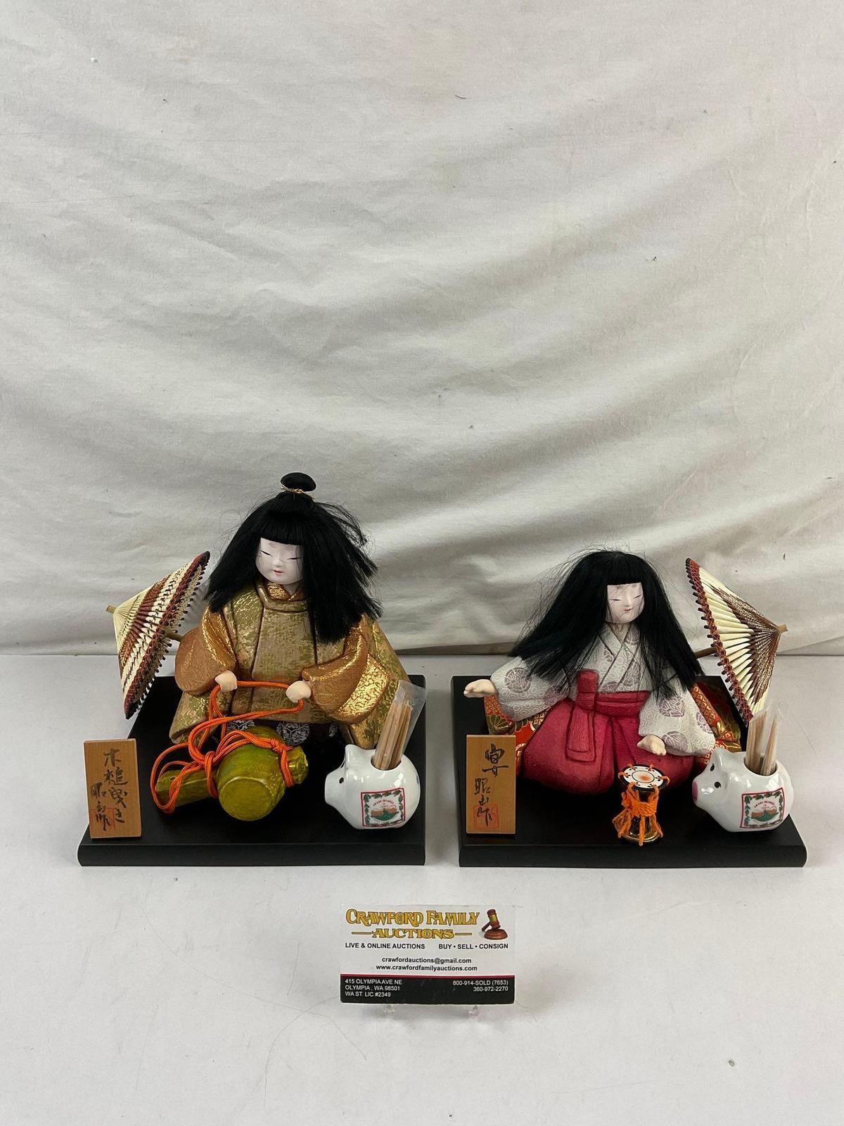 2 pcs Vintage Handmade Japanese Cloth Dolls w/ Stands & Miniature Accessories. See pics.