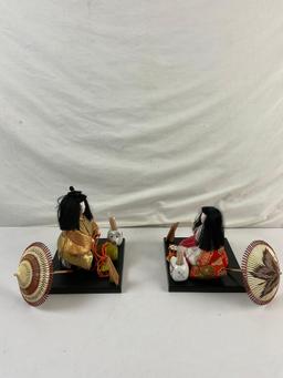 2 pcs Vintage Handmade Japanese Cloth Dolls w/ Stands & Miniature Accessories. See pics.