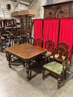Vintage Wooden Dining Table w/ 3 Hidden Leaves & 6 pcs Urn Back Chairs w/ Green Floral Seats. See