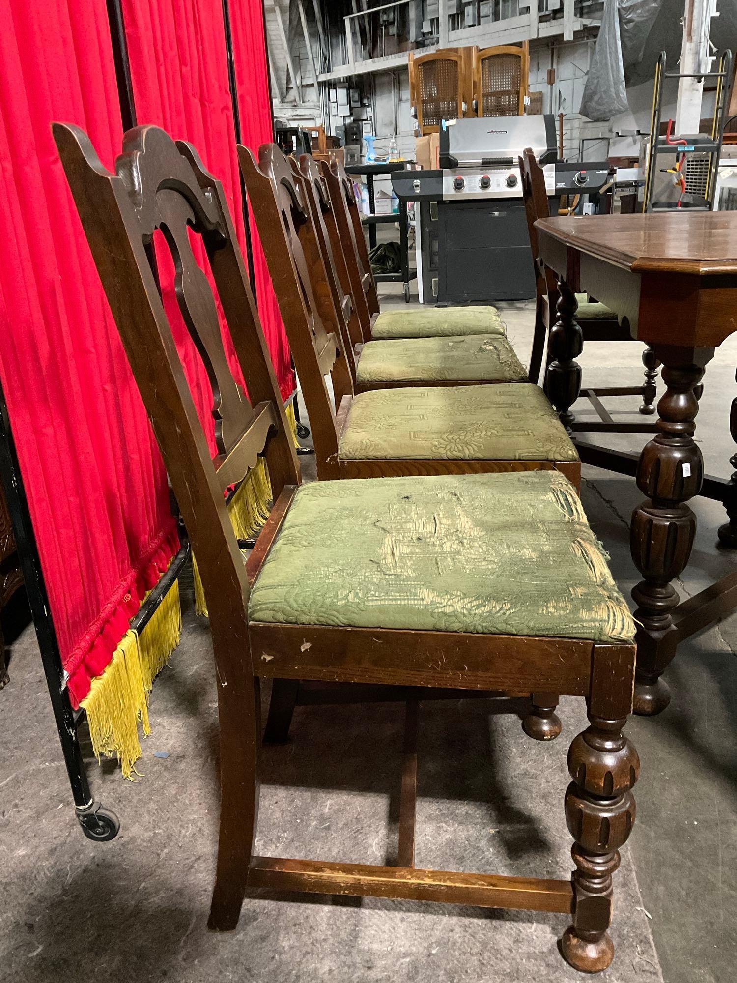 Vintage Wooden Dining Table w/ 3 Hidden Leaves & 6 pcs Urn Back Chairs w/ Green Floral Seats. See