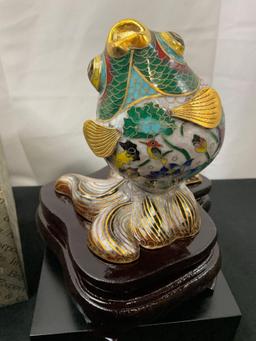 Vintage Cloisonne Enameled Brass Tropical Fish Sculpture on Wood Stand, w/ box