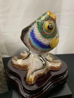 Vintage Cloisonne Enameled Brass Tropical Fish Sculpture on Wood Stand, w/ box