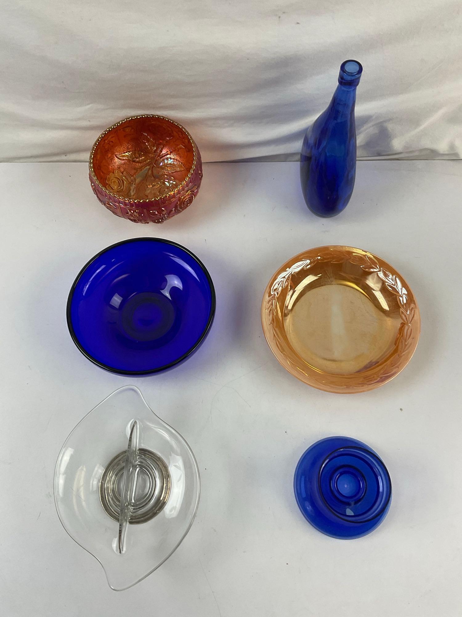 6 pcs Vintage Glassware Assortment. Candy Dish w/ Sterling Silver Base. Fire-King Plate. See pics.