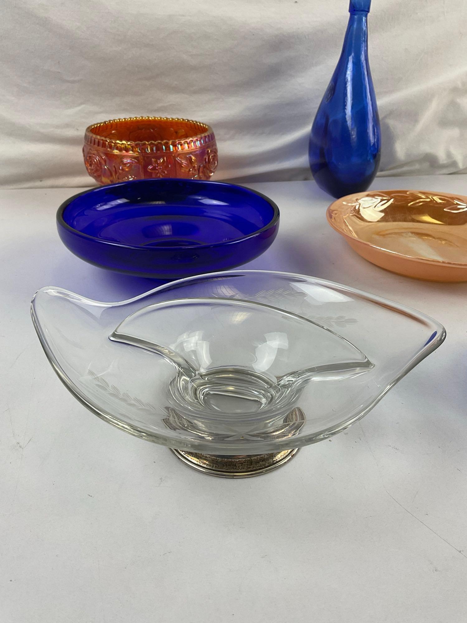 6 pcs Vintage Glassware Assortment. Candy Dish w/ Sterling Silver Base. Fire-King Plate. See pics.