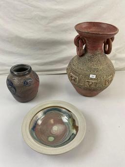 3 pcs Vintage Decorative Ceramic Dish Assortment. Signed Handmade Bowl, 2 Urns. See pics.