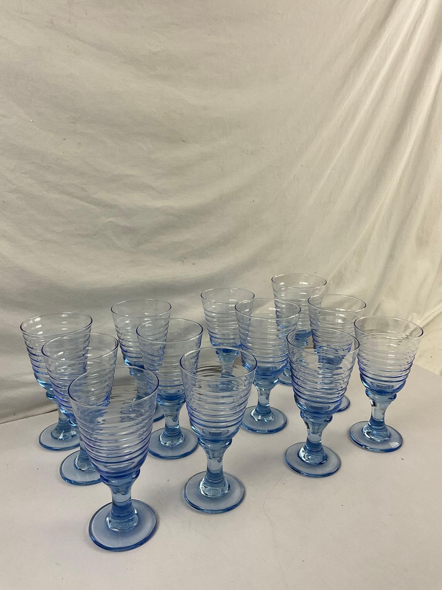12 pcs Modern Blue Ombre Glass Drinking Glasses w/ Striped Design. Measures 3.5" x 7" See pics.