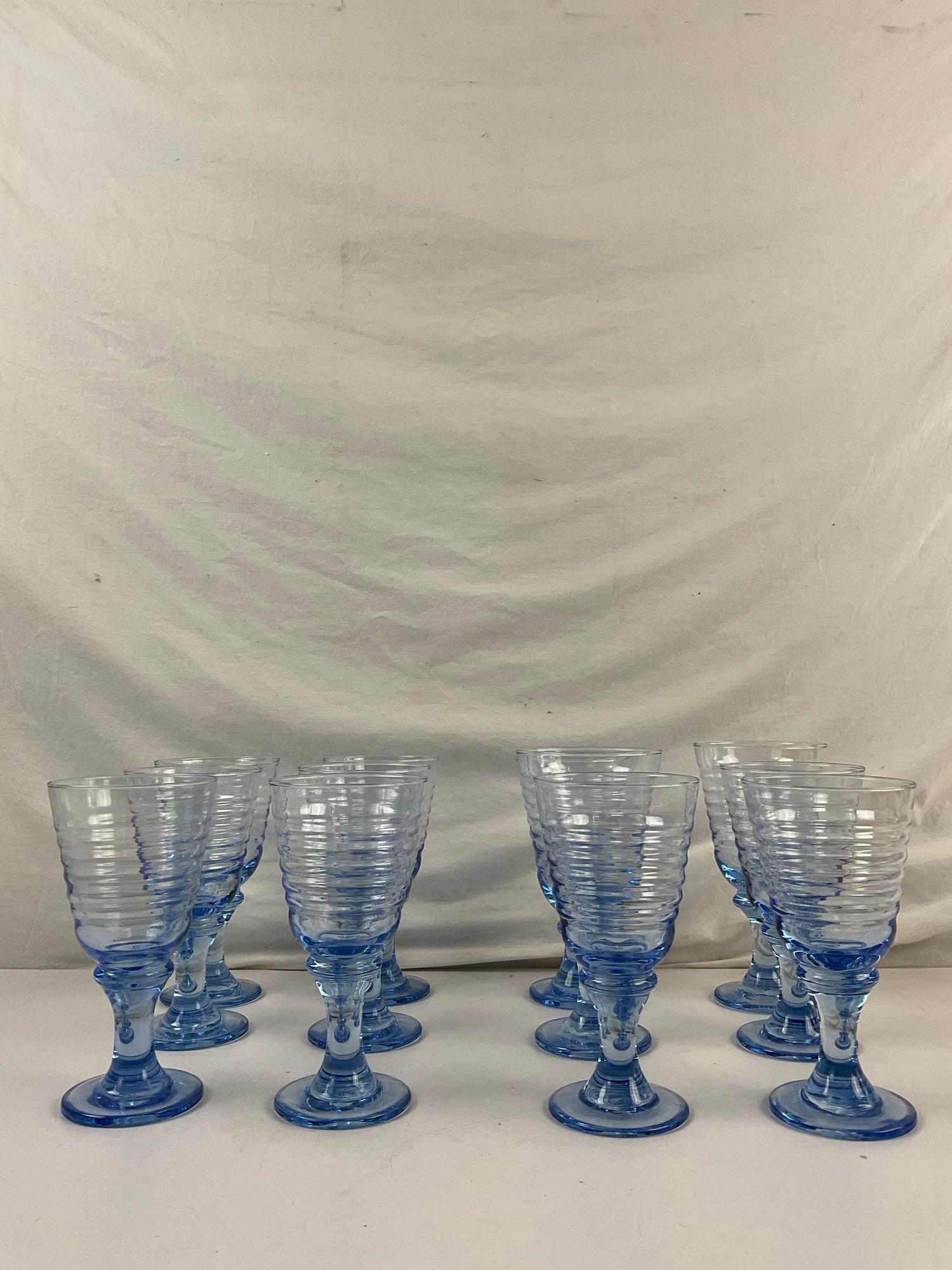 12 pcs Modern Blue Ombre Glass Drinking Glasses w/ Striped Design. Measures 3.5" x 7" See pics.