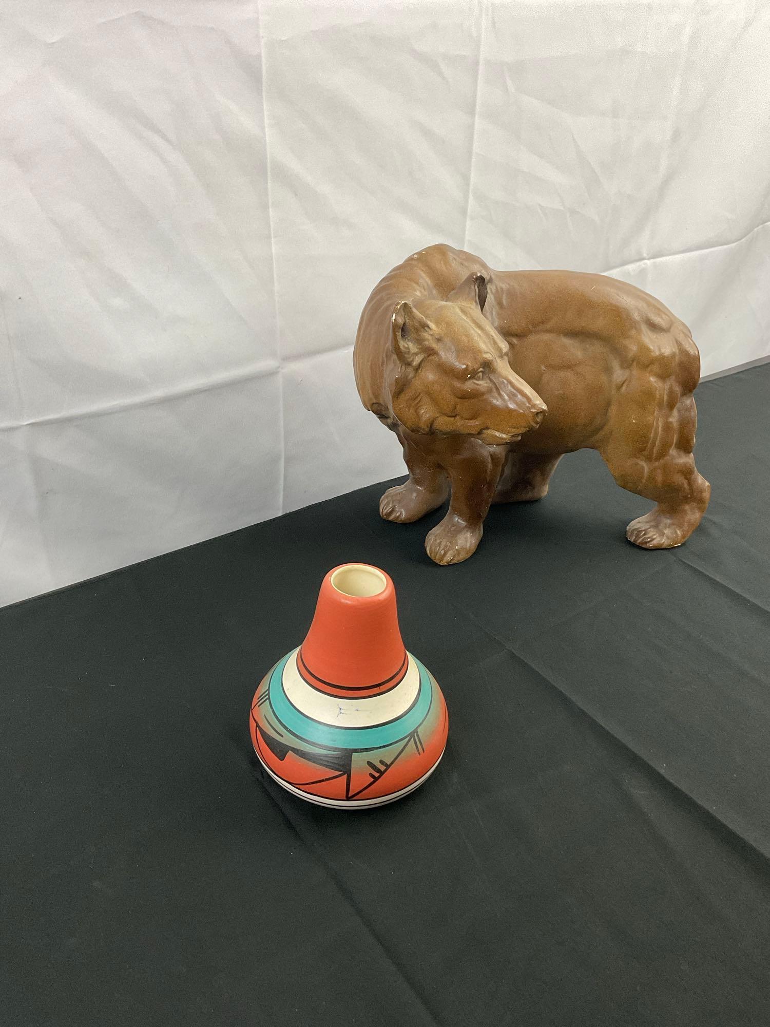 2 pcs Vintage Decorative Ceramics. Arthur Court Designs Brown Bear. Navajo Urn, Signed E. Lawson.