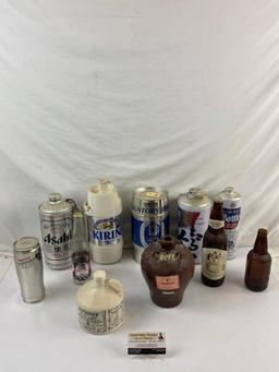 11 pcs Vintage Beer & Liquor Bottle Collection. Kirin 2 Liter Stein, Suntory 3 Liter Barrel. See