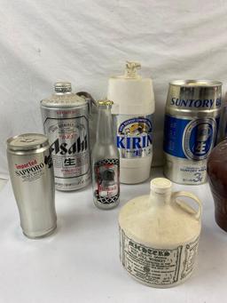 11 pcs Vintage Beer & Liquor Bottle Collection. Kirin 2 Liter Stein, Suntory 3 Liter Barrel. See