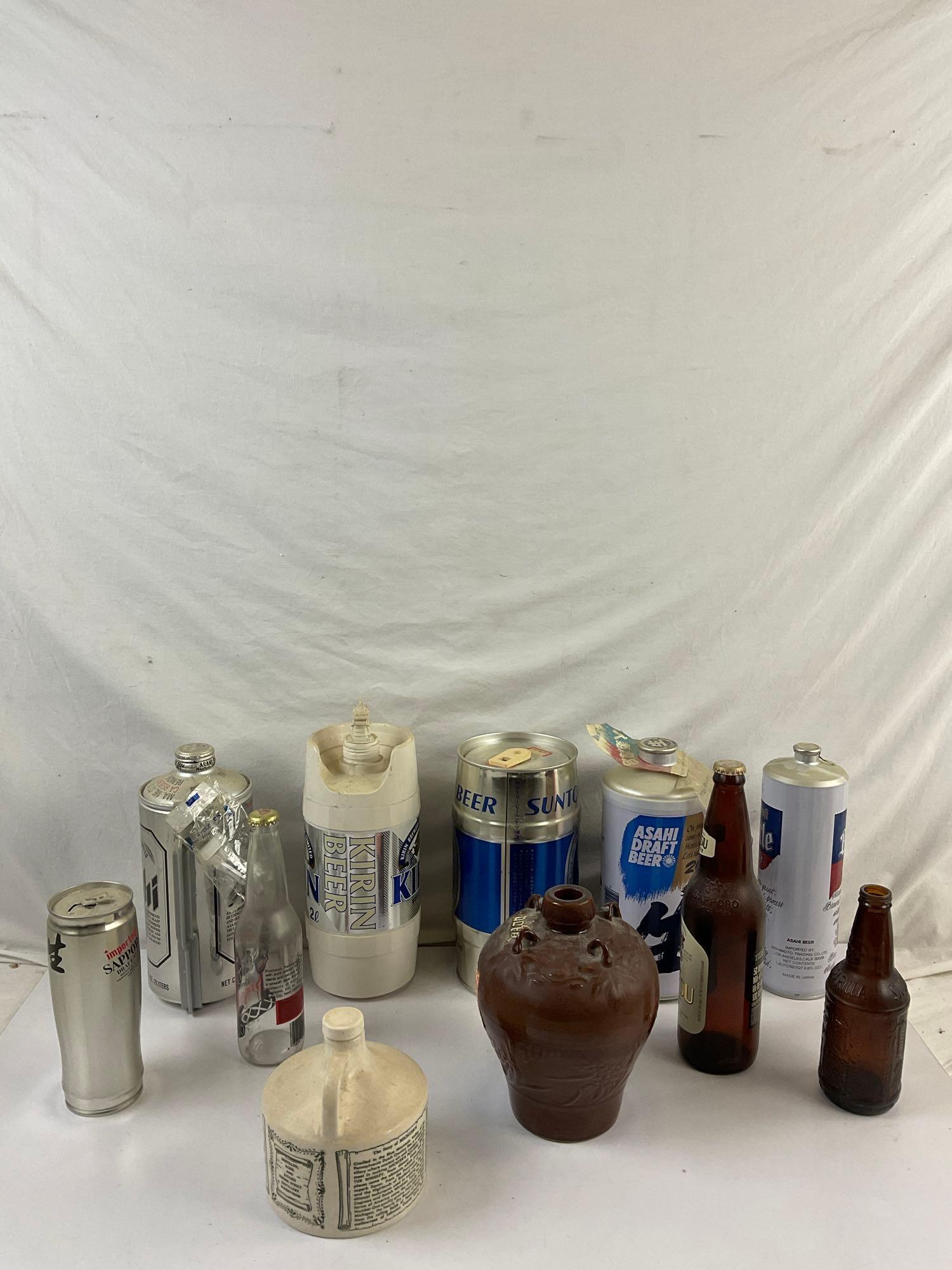 11 pcs Vintage Beer & Liquor Bottle Collection. Kirin 2 Liter Stein, Suntory 3 Liter Barrel. See