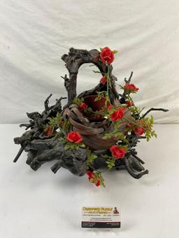 Vintage Primitive Gnarled Wooden Basket & Holder Made From Tree Roots w/ Plastic Roses. See pics.