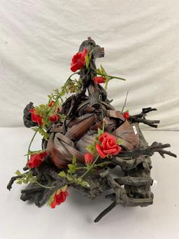 Vintage Primitive Gnarled Wooden Basket & Holder Made From Tree Roots w/ Plastic Roses. See pics.