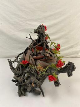 Vintage Primitive Gnarled Wooden Basket & Holder Made From Tree Roots w/ Plastic Roses. See pics.