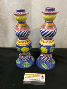 Pair of Mexican Pottery Hand Painted Candlesticks, multicolored, 10.5 inches tall