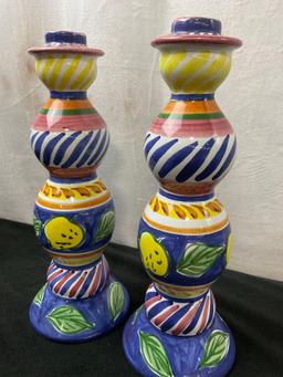 Pair of Mexican Pottery Hand Painted Candlesticks, multicolored, 10.5 inches tall