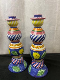 Pair of Mexican Pottery Hand Painted Candlesticks, multicolored, 10.5 inches tall