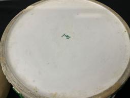 Trio of Glazed Ceramic pieces marked on bottom, Hand Painted Pie Plate, Whale Bowl, Floral Bowl