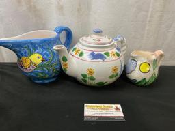 Handpainted Trio of Teaset, Creamer w/ Elephant, Teapot, & Pitcher