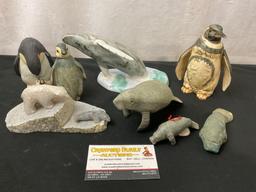 Collection of Animal Figures, Carved Stone Polar Bear and Seal, Manatees, Penguin