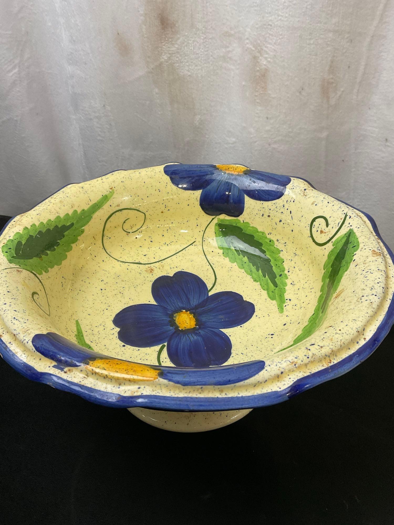 Trio of Handpainted Ceramic Dishware, Large serving bowl, tropical bird plate, Footed Dish w/ flo...