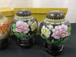 4x Chinese Cloisonne Vases w/ Lids, pair of black & cream colored enameled pieces