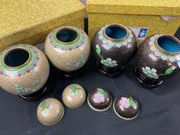 4x Chinese Cloisonne Vases w/ Lids, pair of black & cream colored enameled pieces