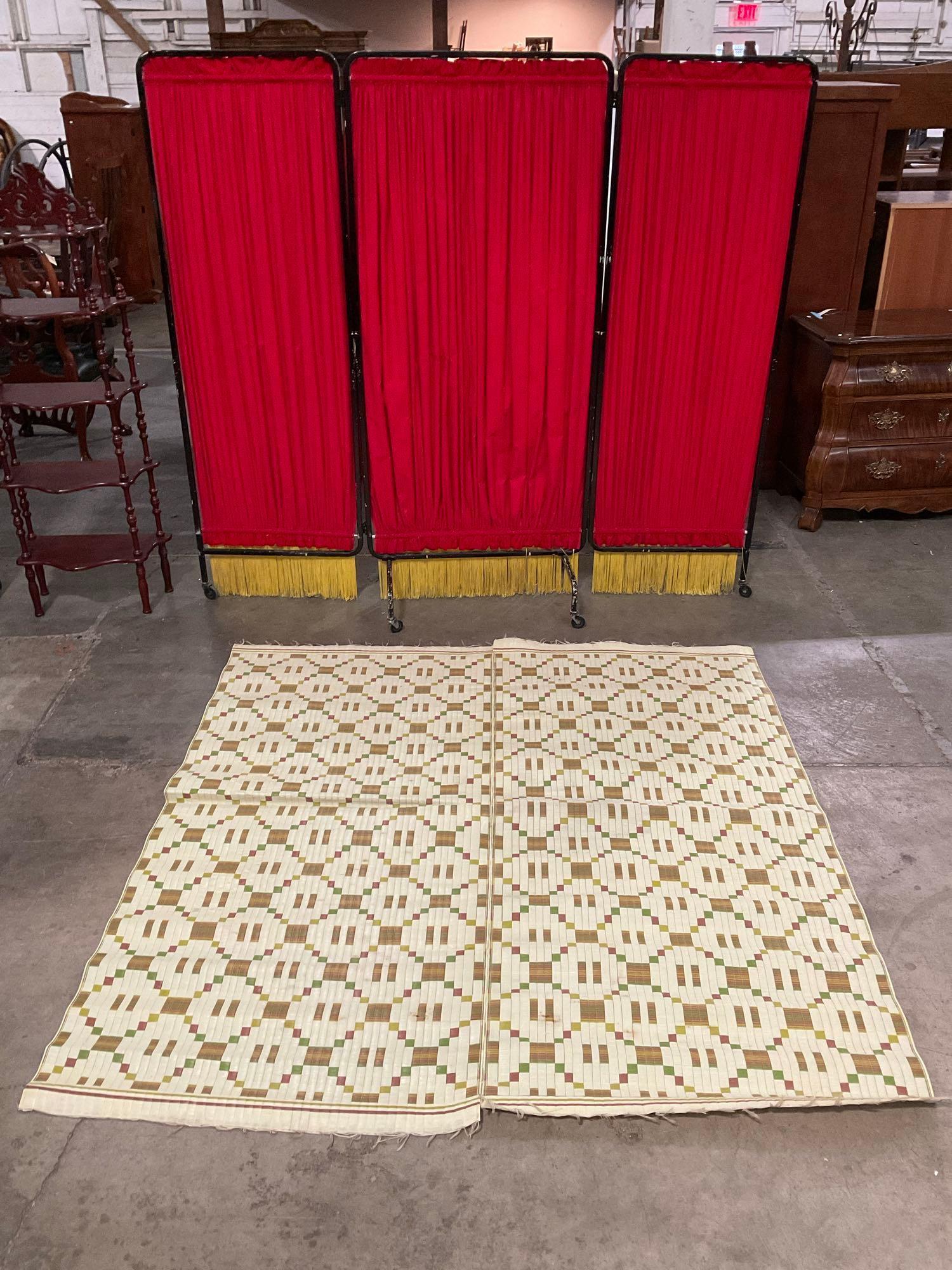 Vintage Japanese Tatami Floor Mat w/ Red, Green & Yellow Stripes. Measures 72" x 68.5" See pics.