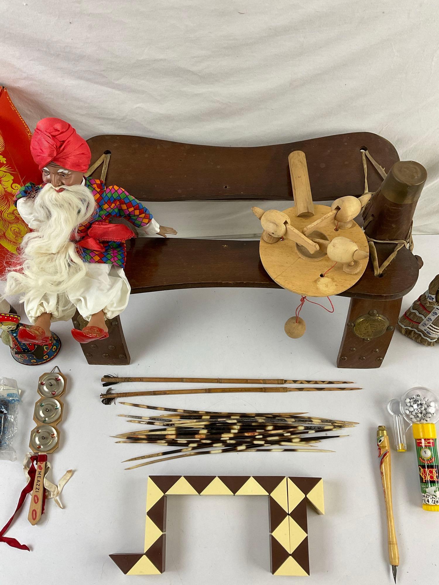 32 pcs Vintage Traditional Children's Toys & Souvenir Assortment. Wooden Camel Saddle. See pics.