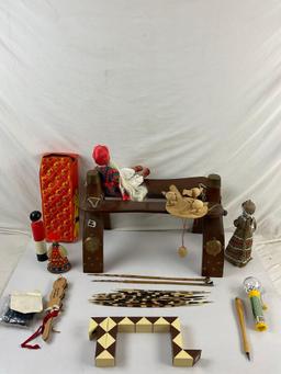 32 pcs Vintage Traditional Children's Toys & Souvenir Assortment. Wooden Camel Saddle. See pics.