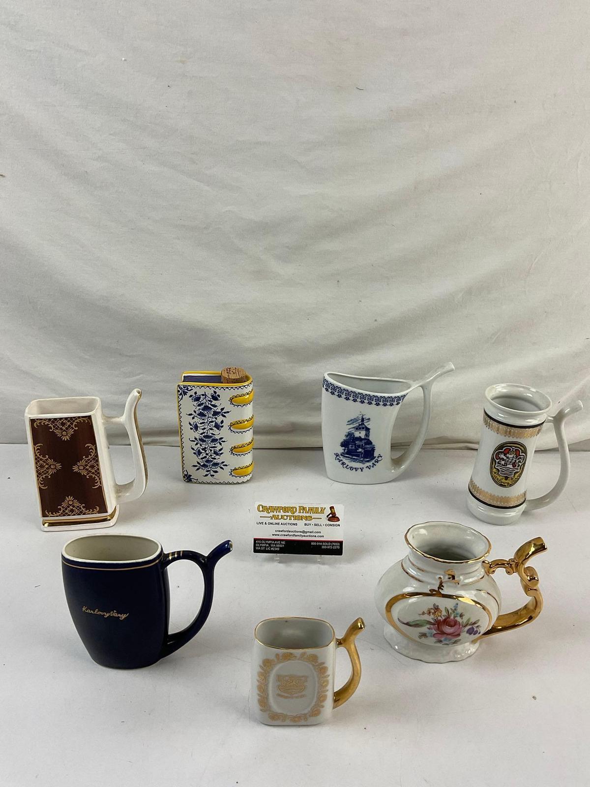 7 pcs Vintage Collectible Ceramic Souvenir Sipping Mugs. 6 Czech, 1 Portuguese. See pics.