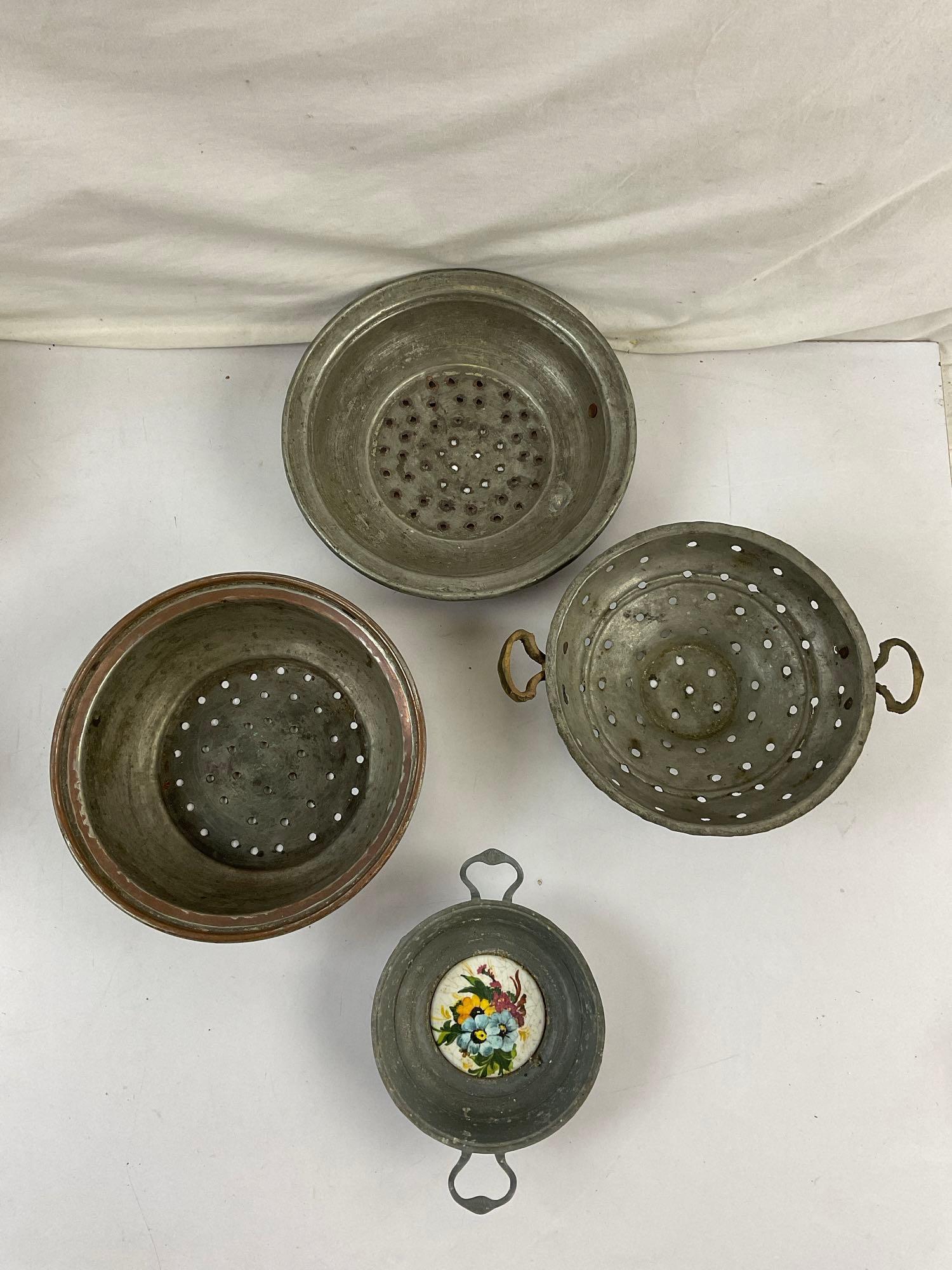 8 pcs Vintage Metal Kitchen Wares Assortment. Asta Enameled Baking Dish. Copper Strainers. See pi...