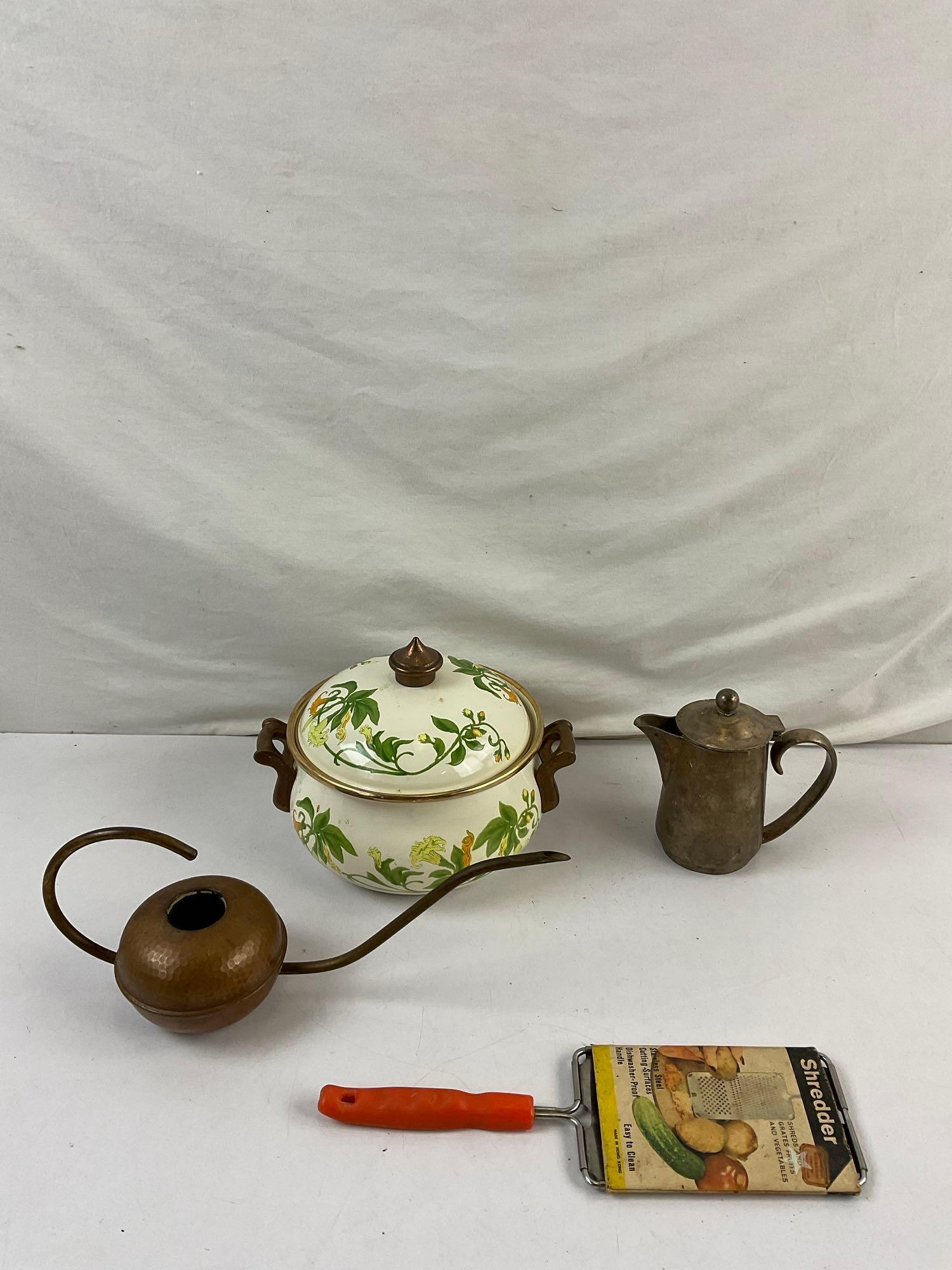 8 pcs Vintage Metal Kitchen Wares Assortment. Asta Enameled Baking Dish. Copper Strainers. See pi...