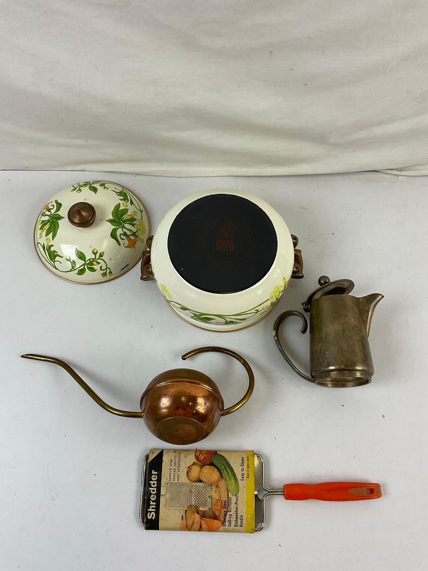 8 pcs Vintage Metal Kitchen Wares Assortment. Asta Enameled Baking Dish. Copper Strainers. See pi...