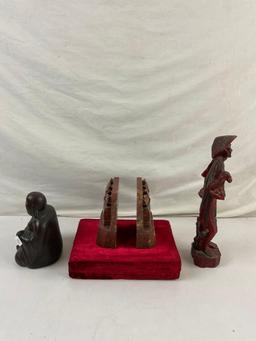 4 pcs Vintage Asian Souvenir Assortment. Carved Red Jasper Book Ends. Ceramic Buddha. See pics.