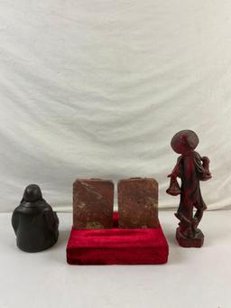 4 pcs Vintage Asian Souvenir Assortment. Carved Red Jasper Book Ends. Ceramic Buddha. See pics.