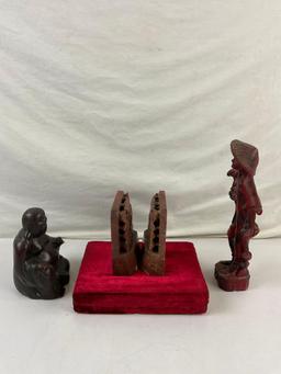 4 pcs Vintage Asian Souvenir Assortment. Carved Red Jasper Book Ends. Ceramic Buddha. See pics.