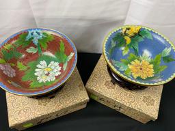 Pair of Cloisonne Bowls w/ Floral Designs and Wooden Stands, Blue & Red backgrounds